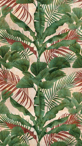 Vliesová napájateľná štrukturovaná tapeta, Zelené a hnedé palmové listy v béžovom